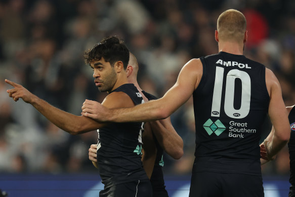 Jack Martin celebrates his first goal back against the Demons.