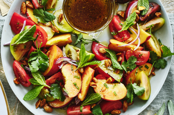 Watermelon, figs or nectarines would also work in this tomato salad.