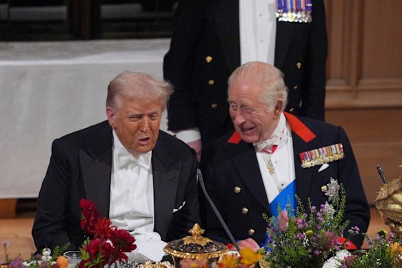 President Donald Trump and King Charles speak during the state banquet in Windsor Castle, England.