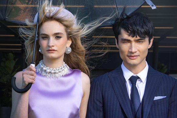  Models Mirabai Clark in Alemais and Millinery Jill, and Jay Coolahan wearing Couture Menswear.