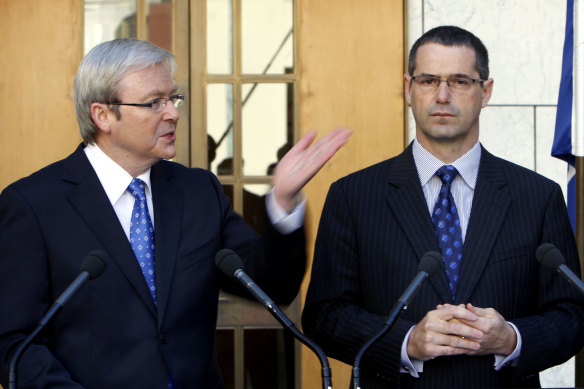 Stephen Conroy (right) in 2009 during his days as a minister in the Rudd government.