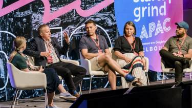 Panel members (left to right) Kate Kendall, James Posnett, Paul Naphtali Kylie Frazer and chair Matt Allen discuss funding alternatives at the Startup Grind conference in Melbourne.