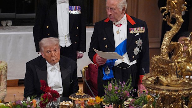King Charles stands beside US President Donald Trump to deliver a speech at the state banquet.