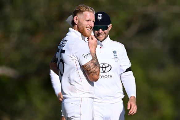 Ben Stokes looking sheepish after claiming one of his six wickets against the next-generation England team.