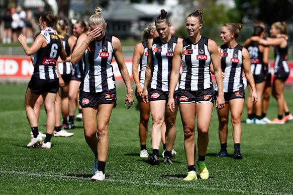 A dejected Collingwood after their loss to the Lions in round 12. The Magpies have since received an assistance package from the AFL made up additional list spots in 2026 and 2027.