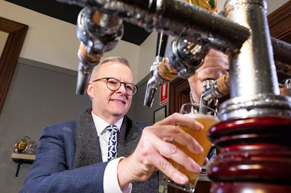 Prime Minister Anthony Albanese pours a beer in Tasmania during the last election campaign.