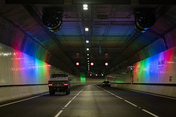 Rainbow lights inside the West Gate Tunnel on Sunday morning.