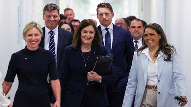  Jessica Collins, Angus Taylor, Sarah Henderson, Andrew Hastie and Jacinta Nampijinpa Price arrive with other Liberals for their party room showdown on Wednesday.