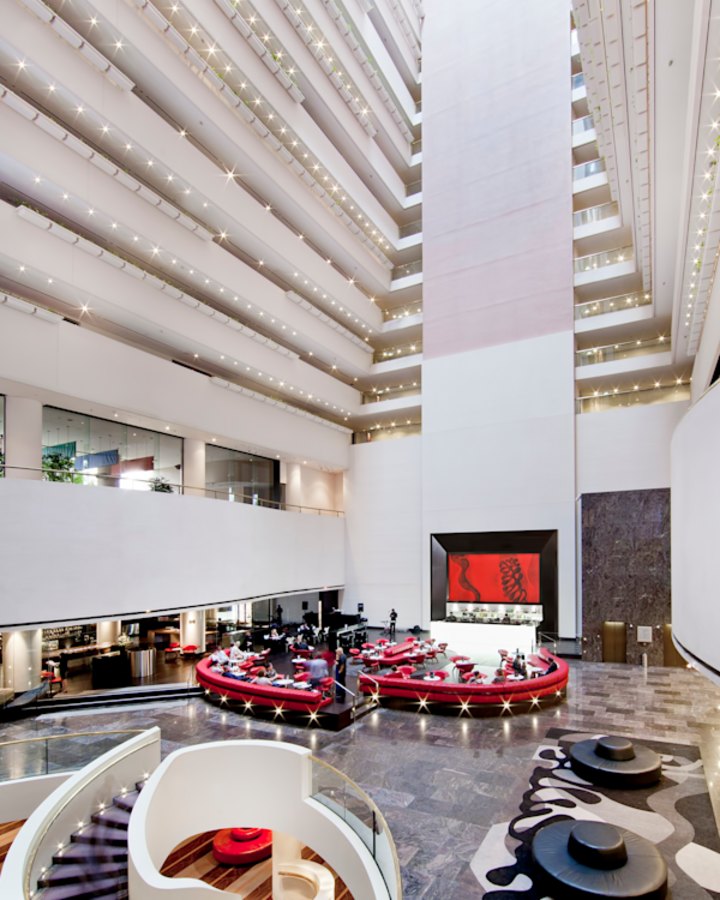 The foyer of the existing Hilton Brisbane, set to restart trading in July as an Intercontinental Hotel.