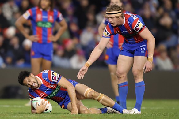 Dylan Brown goes down injured.