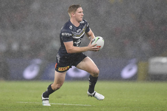 Tom Dearden in action for the North Queensland Cowboys against the Brisbane Broncos.
