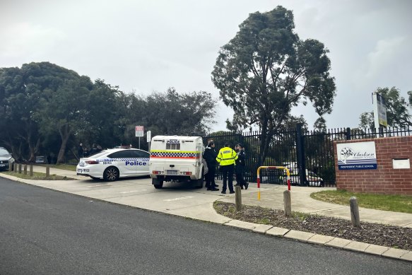 Police outside Clarkson Primary School on Wednesday, September 13, 2023, after reports of gunshots in the suburb. Picture: Mia Egerton-Warburton