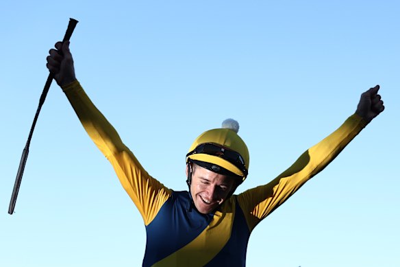 Jason Collett after winning the Doncaster Mile aboard Stefi Magnetica.