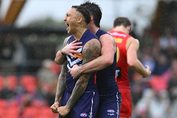 Shai Bolton celebrates kicking a goal during Saturday’s win over Gold Coast.
