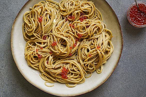 Feel free to dial up the garlic, butter and salmon roe in this pasta dish. After all, anything goes.