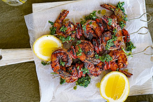 Prawn and chorizo skewers with quick mojo verde.