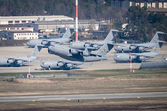 A US Air Force cargo plane takes off from Ramstein Air Base in April.