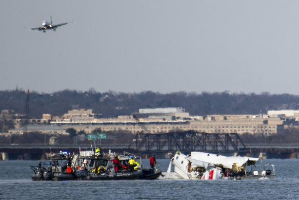 Wreckage in the Potomac River near Ronald Reagan Washington National Airport. Image provided by the US Coast Guard.