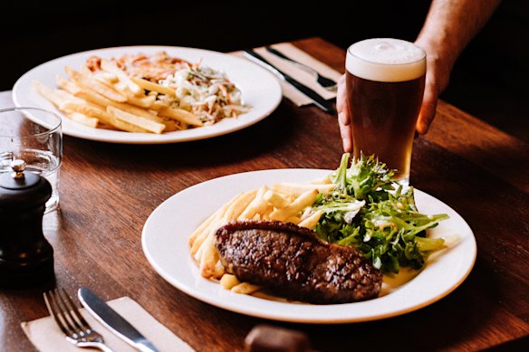 Classic pub dishes like schnitzels and steaks are on the menu (add grilled prawns for $16 for surf ‘n’ turf-style steak).