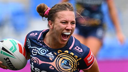 Teagan Levi celebrates her brilliant try.