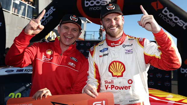 Brodie Kostecki (right) with co-driver Todd Hazelwood after taking poll position at the Bathurst 1000 on Saturday.