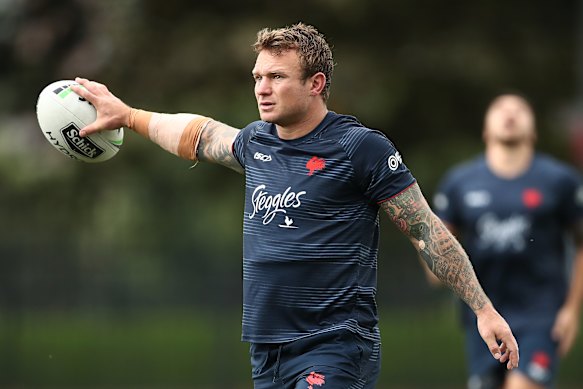 Jake Friend during a Sydney Roosters NRL training session in 2019.