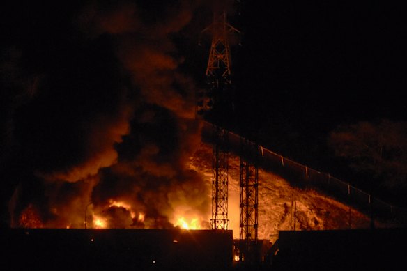 A fire burns at Fort Tiuna, Venezuela’s largest military complex, after a series of explosions in Caracas on Saturday.