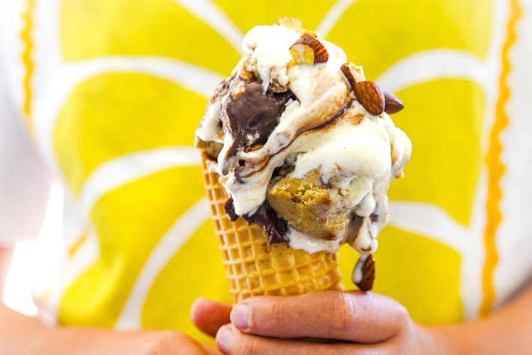 Scoop cookie dough and chocolate fudge ice-cream straight into a waffle cone.