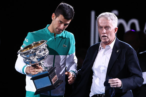 Novak Djokovic with Tennis Australia boss Craig Tiley at the Australian Open in 2021.