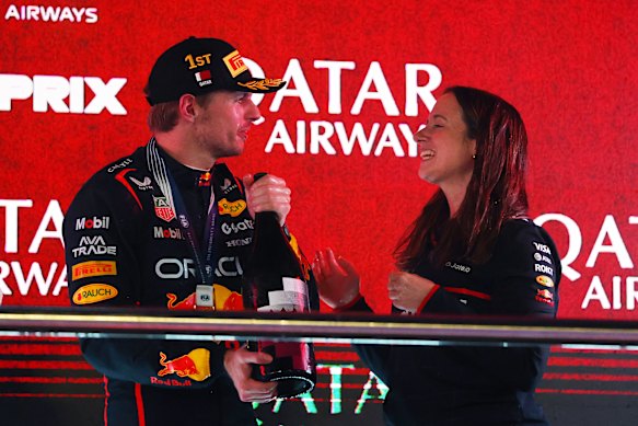 Race winner Max Verstappen with Hannah Schmitz in Qatar in 2025.