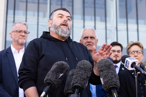 Damien Pollard during a press conference outside the High Court in Canberra in September 2023.