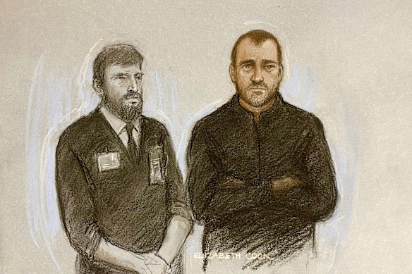 A court sketch of Philip Young, right, at Swindon Magistrates’ Court on Tuesday. He is charged with 56 offences including multiple counts of rape and administering a substance with intent to stupefy his former spouse, Joanne Young.