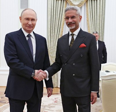 Russian President Vladimir Putin meets Indian Foreign Minister Subrahmanyam Jaishankar at the Kremlin on Tuesday.