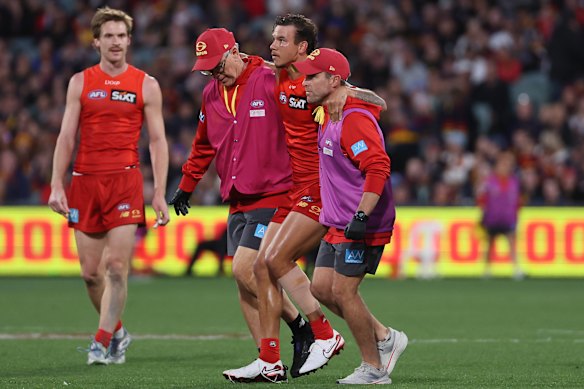 Daniel Rioli came off injured during the Suns’ loss to the Crows.