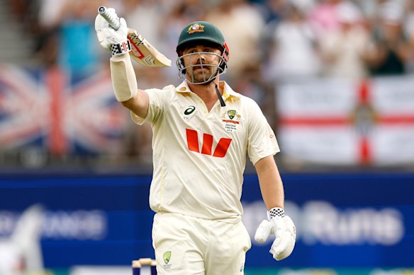Travis Head raises his bat after his stunning knock in Perth.