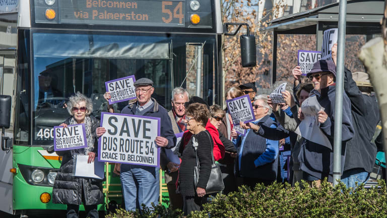 Residents of Goodwin Retirement Village, who stepped out in front of the 11.22am bus waving signs at a protest in July. 