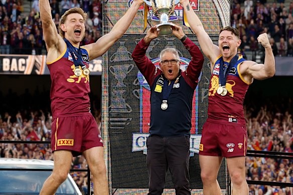Lions coach Chris Fagan (centre) has named two more co-captains to join incumbent Harris Andrews (left) after Lachie Neale (right) stood down.