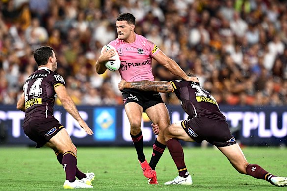 Cleary attempts to break free from the defence during the round one clash between Brisbane Broncos and Penrith Panthers.