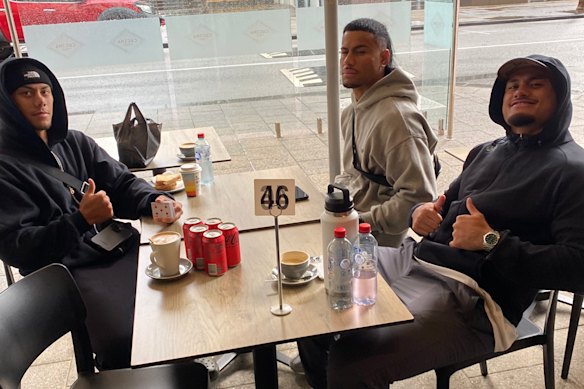Jarome Luai, Stephen Crichton and Spencer Leniu wait for pal Brian To’o at a Perth cafe with five cans of Coke Zero and a caramel latte on Origin 2 game day.
