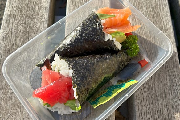 Raw salmon (top) and raw tuna rolls at Tsukiji in Prahran.