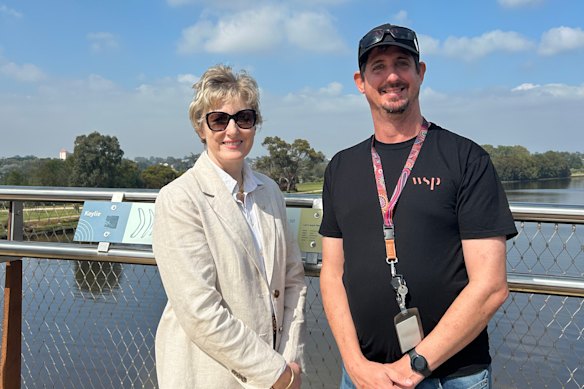 Engineers Australia chief engineer Katherine Richards with WSP bridge modeller Brent Burgess during her recent visit.
