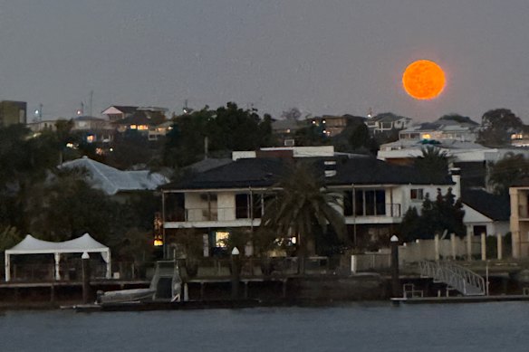 The harvest supermoon rising over the Brisbane River.