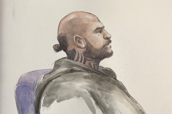 A court sketch of bikie David Pye on the first day of his trial in the WA Supreme Court.