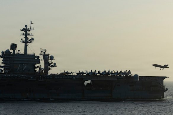 The USS Abraham Lincoln conducting US blockade operations related to the Strait of Hormuz on April.