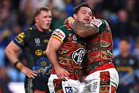 Brandon Smith celebrates a Rabbitohs try.