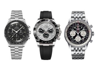 Omega Speedmaster Moonwatch Master chronometer;  Rolex Oyster Perpetual Cosmograph Daytona;  Breitling Navitimer.