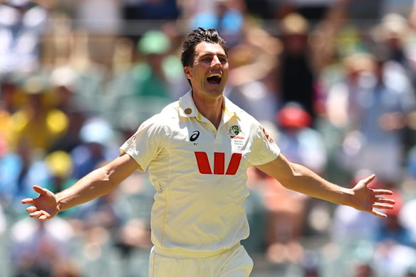 Pat Cummins takes the big wicket of Joe Root in Adelaide on day two. 
