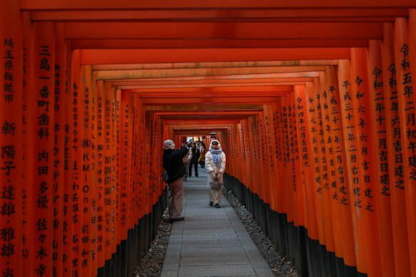 Foreign tourists walk through the path of the torii gates of Fushimi Inari-Taisha Shrine, one of Japan’s most popular tourist destinations on January 21, 2026 in Kyoto, Japan. The number of foreign tourists visiting Japan last year was 42.7 million, surpassing 40 million for the first time. Japan is closer to its goal of reaching 60 million foreign tourists by 2030. Kyoto is one of the most popular destinations for foreign tourists. 