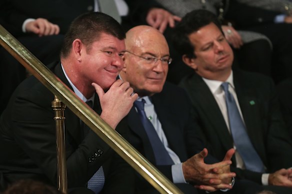 Packer and film producer Arnon Milchan (centre) listen to Netanyahu speak at a joint meeting of the US Congress in 2015.