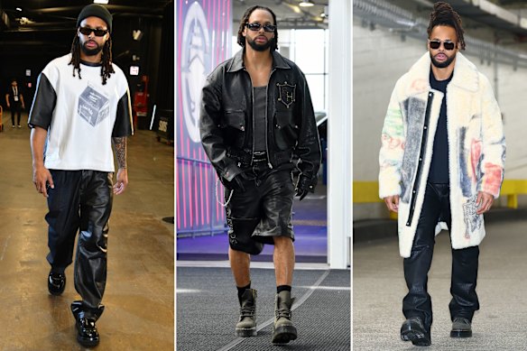 Patty Mills makes an entrance in Romeo Hunte in Phoenix, Arizona with Utah Jazz on January 11; in oversized leather in Los Angeles with the LA Clippers on May 1; wearing an Amiri x Wes Lang furry coat and Dita sunglasses at Madison Square Garden, New York with Utah Jazz on January 1.